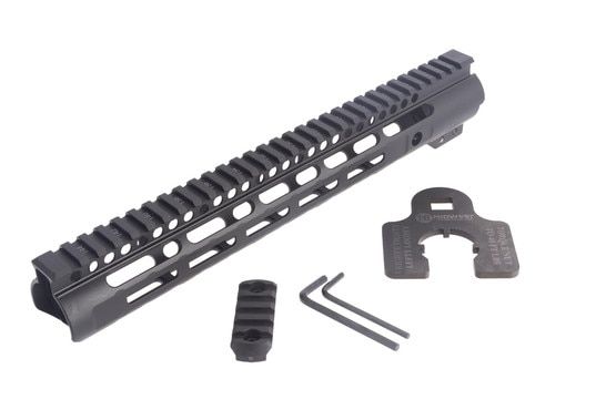 Midwest Industries Slim Line 12.63in free float M-LOK rail for the AR-15 includes a rail section and helpfully labeled barrel nut wrench.